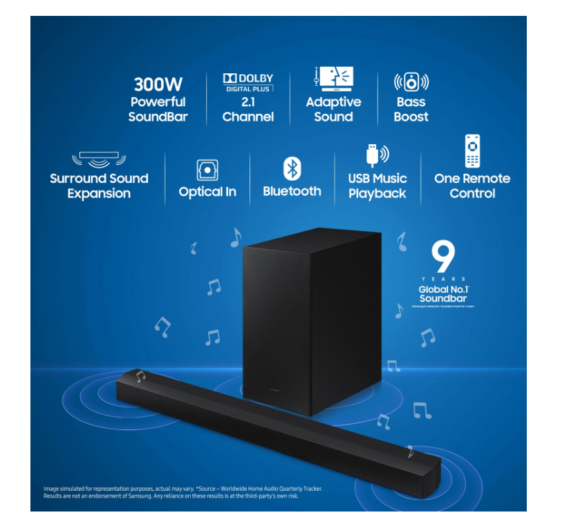 Samsung (HW-B45E/XL) 3 speakers Wireless Subwoofer, Dolby Digital and DTS Virtual X 300 W Bluetooth Soundbar (Black, 2.1 Channel)