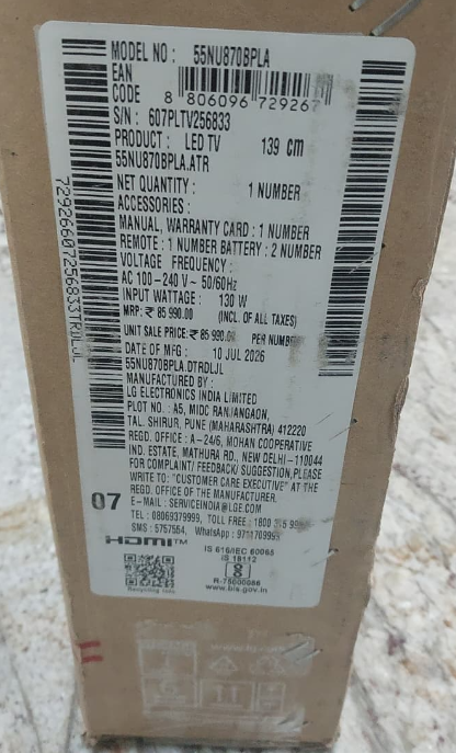 LG 55 4K Model No: 55NU870BPLA(2026)
